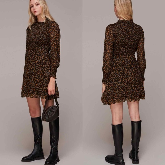 Whistles Classic Leopard Shirred Long Sleeve Mini Dress Size US 4 - Picture 9 of 11